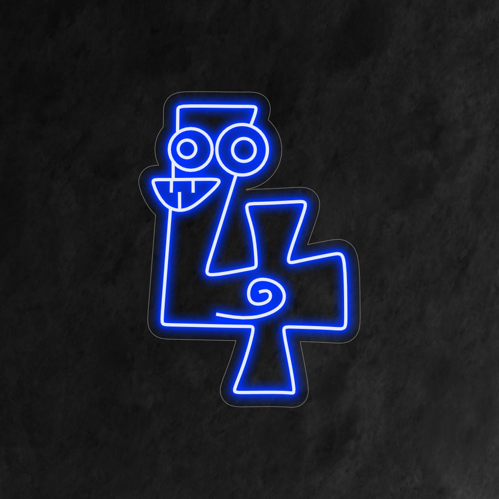 "Placa de neon de 4º aniversário" apresenta um número 4 cômico e cartunesco com olhos e dentes engraçados, adicionando um elemento divertido à comemoração do quarto aniversário de uma criança.