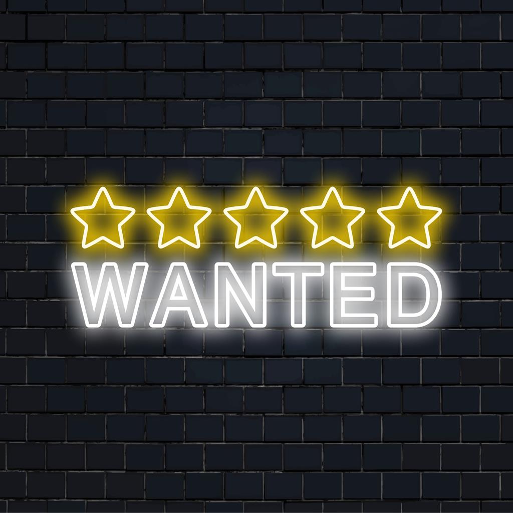 Placa de LED neon vibrante e personalizada com a inscrição "5 estrelas procura-se" em letras em negrito, perfeita para uma decoração neon chamativa.