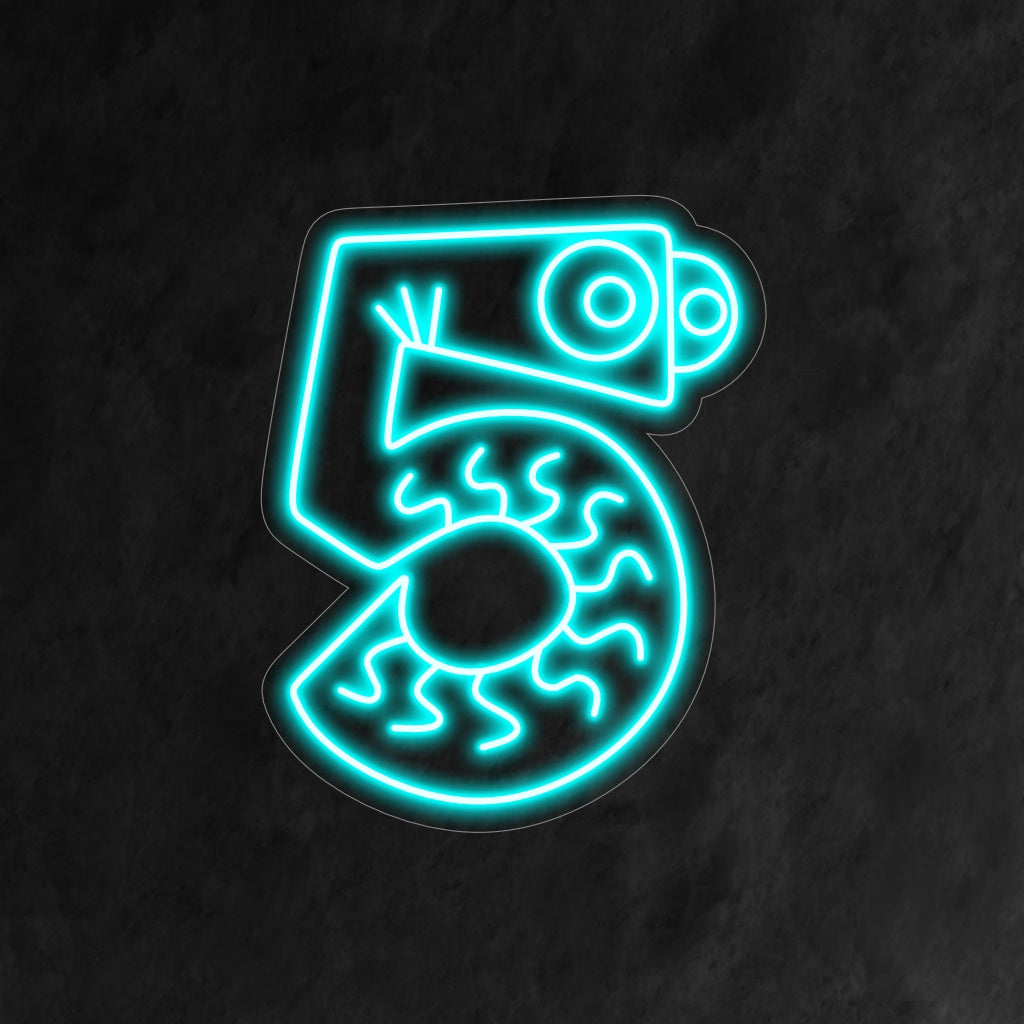 "Placa de neon de 5º aniversário" apresenta um número 5 de desenho animado com olhos encantadores, adicionando um toque lúdico à comemoração do quinto aniversário de uma criança.