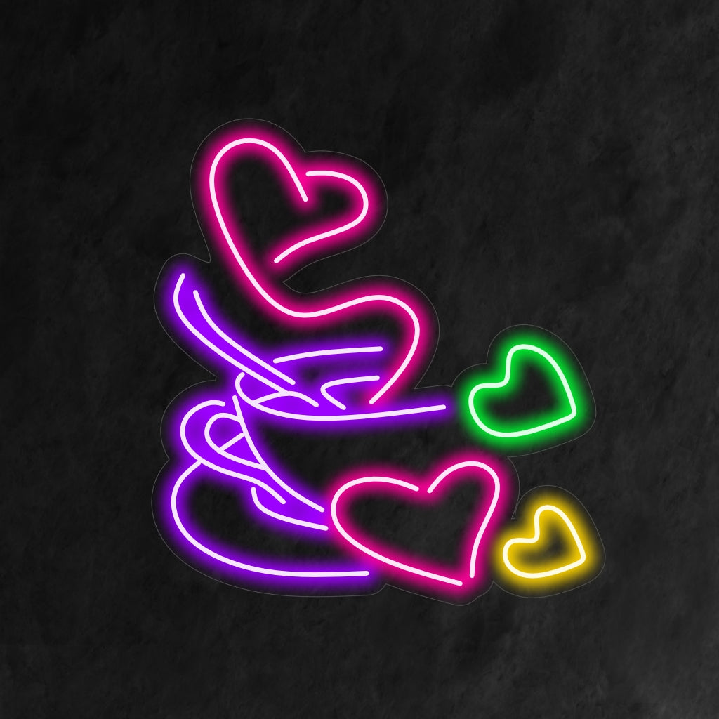 Peça de arte neon com design de xícara de café brilhante, ideal como arte de parede neon ou decoração LED personalizada para espaços aconchegantes.