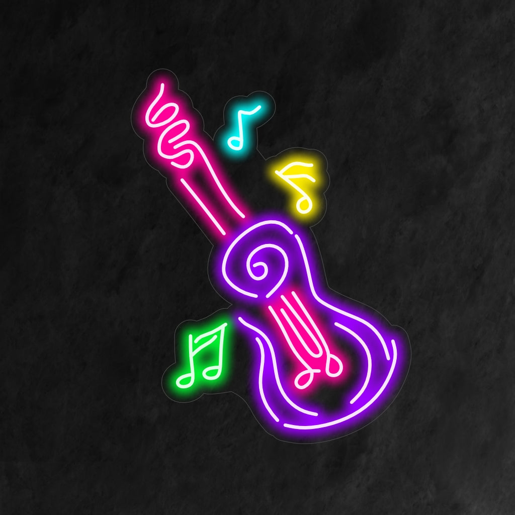 Um letreiro de neon iluminado com uma representação abstrata de uma guitarra, perfeito para entusiastas de música e que adiciona um toque artístico a qualquer espaço