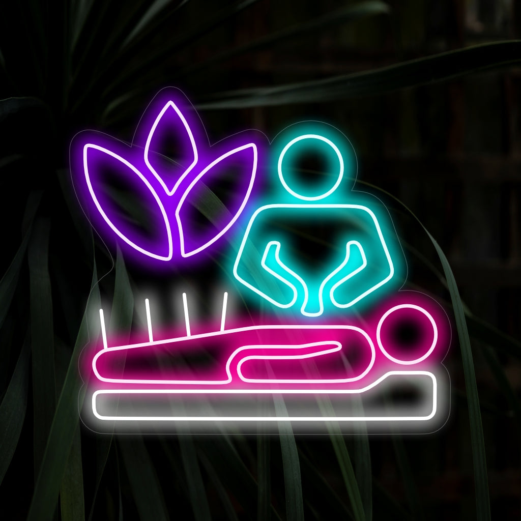 "Placa de neon de acupuntura com agulhas" - Uma luz neon vibrante exibindo agulhas de acupuntura, criando uma atmosfera moderna e focada na saúde em seu espaço de vida.