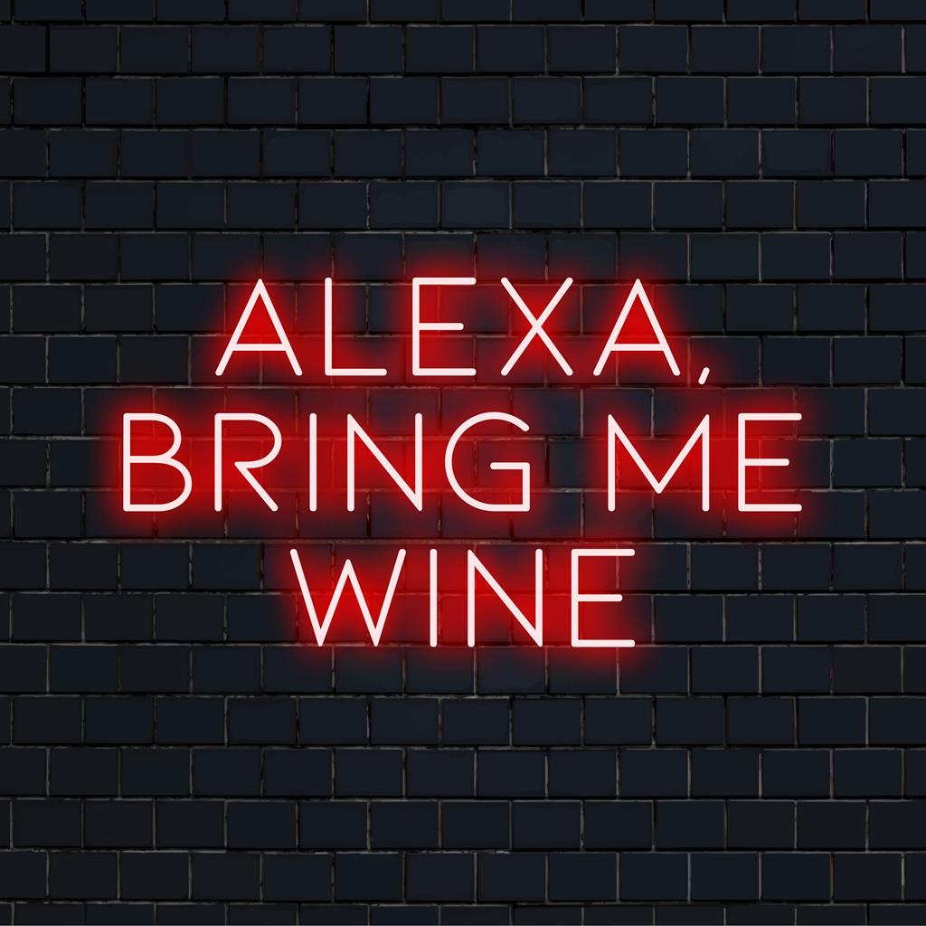 Placa de neon LED personalizada com o texto Alexa, Bring Me Wine, perfeita para decoração de casa e para dar um toque divertido e personalizado.