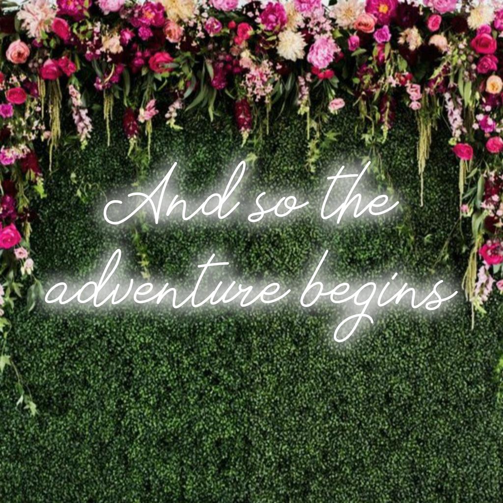 Placa de neon LED personalizada com a frase And So The Adventure Begins brilhando intensamente, perfeita para decoração de parede personalizada.