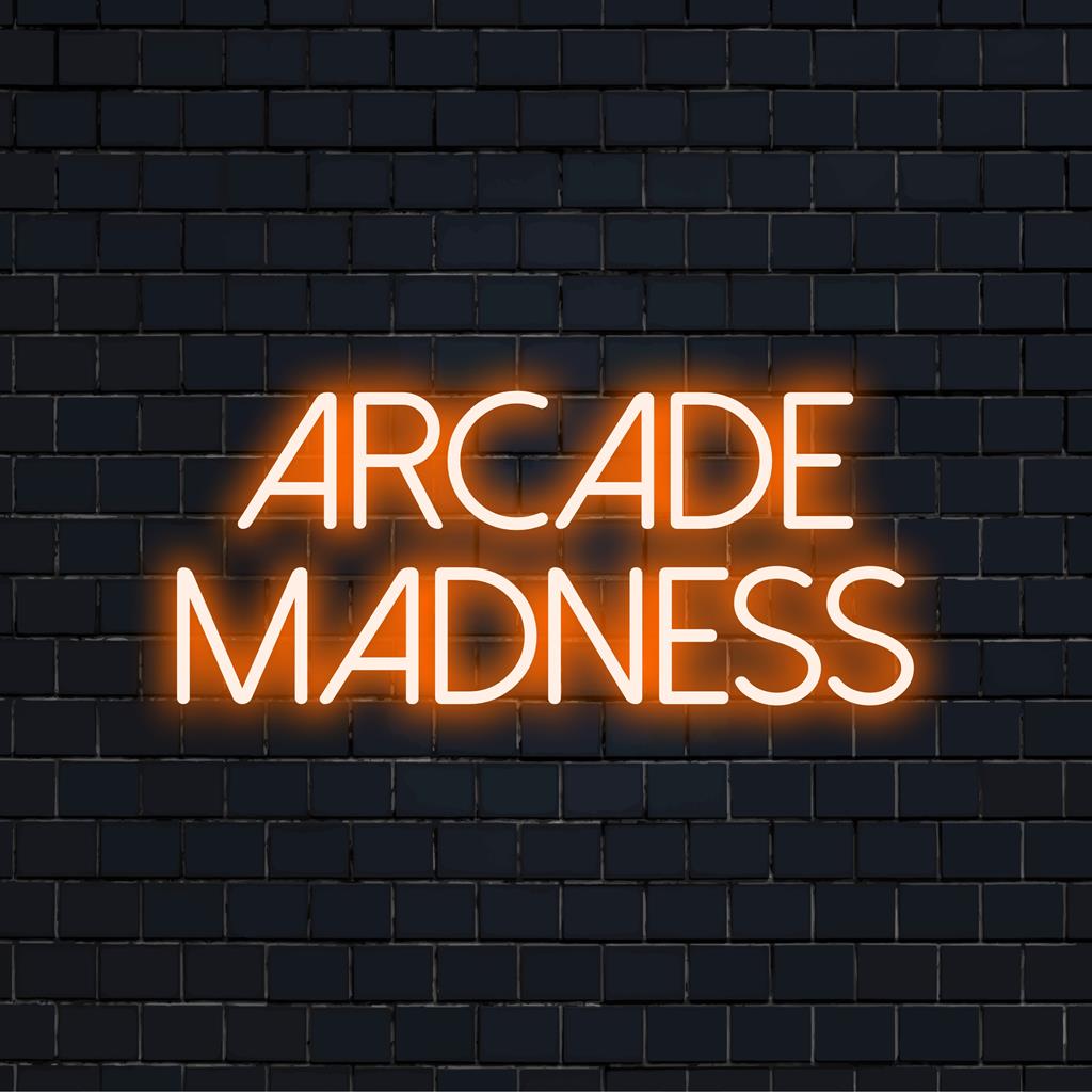 O letreiro de neon Arcade Madness emite um brilho vibrante, perfeito para ambientes de sala de jogos; arte de parede de LED personalizada para decoração nostálgica.