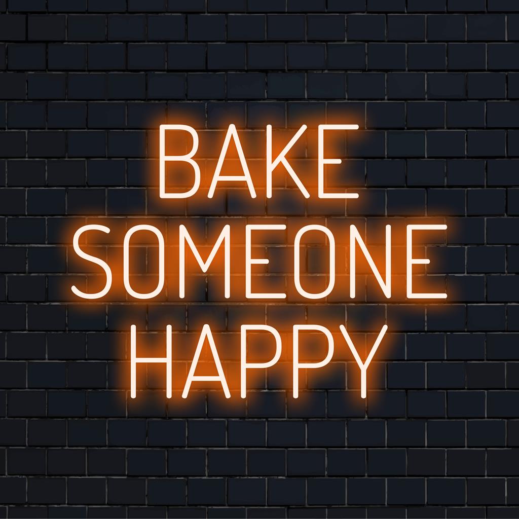 Placa de LED neon personalizada feita à mão com os dizeres "Bake Someone Happy" (Asse Alguém Feliz), perfeita para decoração de cozinha e para criar um ambiente animado.