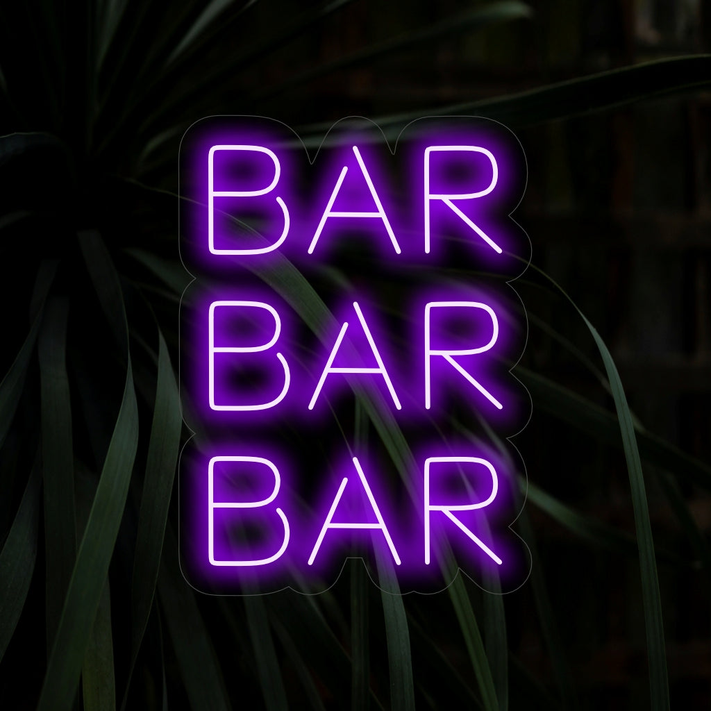 "Placa de neon Bar Bar Bar" - Uma luz neon vibrante com uma exibição ousada e repetida da palavra "Bar", trazendo emoção e estilo ao seu bar ou pub.