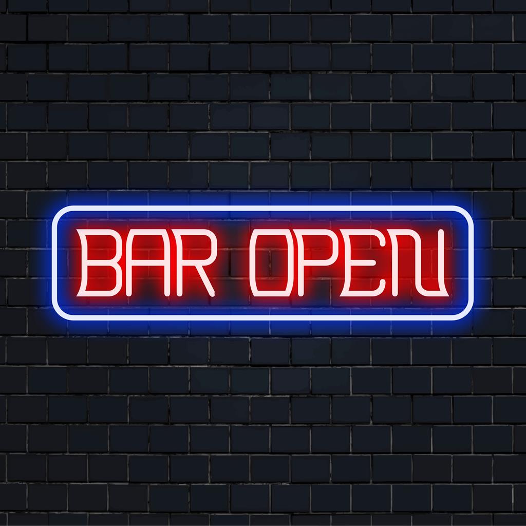 Placa de neon LED personalizada exibindo Bar Open em letras vibrantes e brilhantes, perfeita para decoração de bar e luz neon personalizada.