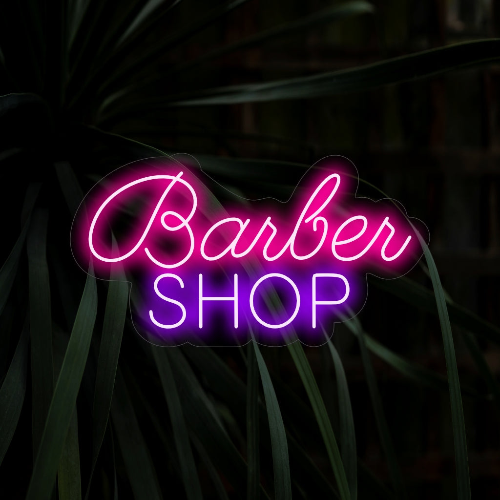 "Placa de neon para barbearia" - Uma luz de neon clássica com as palavras "Barbearia", criando um ambiente atemporal e elegante em seu estabelecimento de beleza.