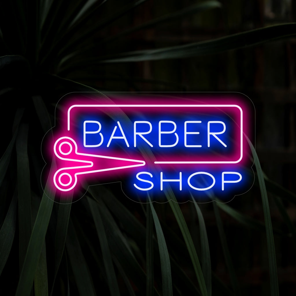 "Placa de neon para barbearia" - Uma luz de neon clássica com as palavras "Barbearia", criando um ambiente atemporal e elegante em seu estabelecimento de beleza.