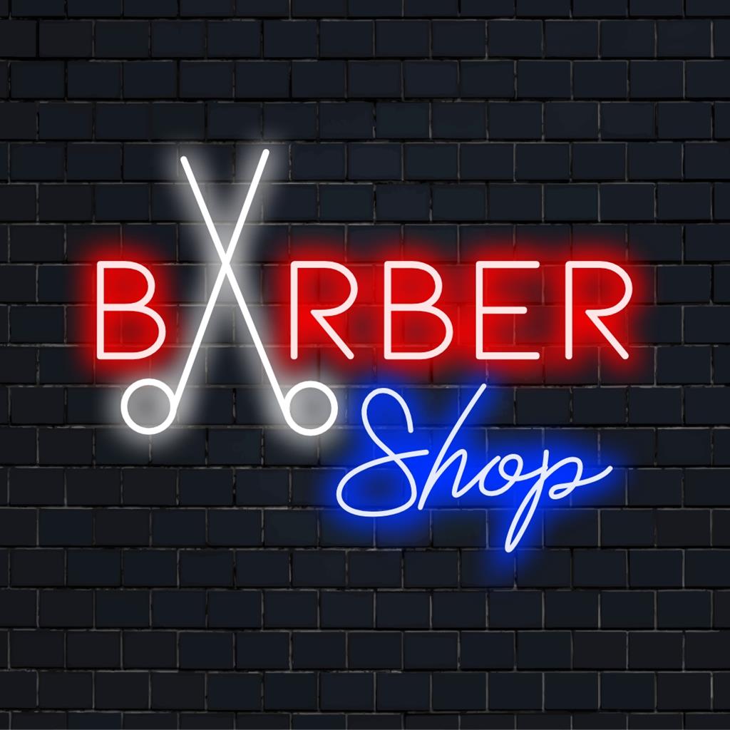 Placa de LED neon personalizada para barbearia, combinando texto e gráficos para uma arte de luz exclusiva e decoração personalizada.