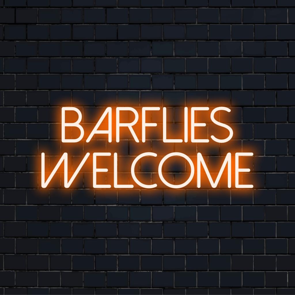 Placa de neon LED personalizada com os dizeres "Barflies Welcome"; arte de parede neon perfeita para uma decoração animada de bar. Frase neon personalizada.