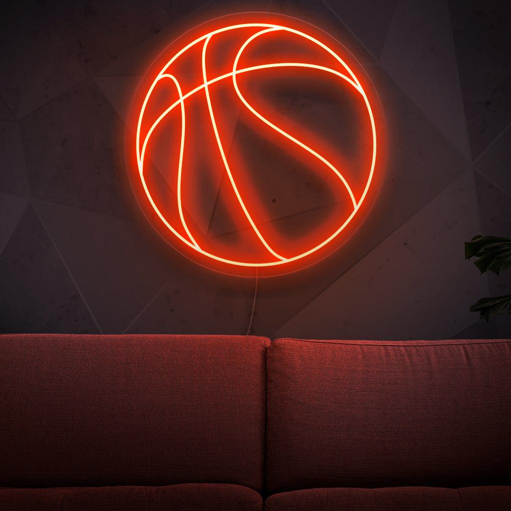 "Placa de neon de bola de basquete" - Uma luz neon dinâmica com a representação icônica de uma bola de basquete, adicionando um clima esportivo e energético à sua sala de jogos ou decoração com tema de basquete.