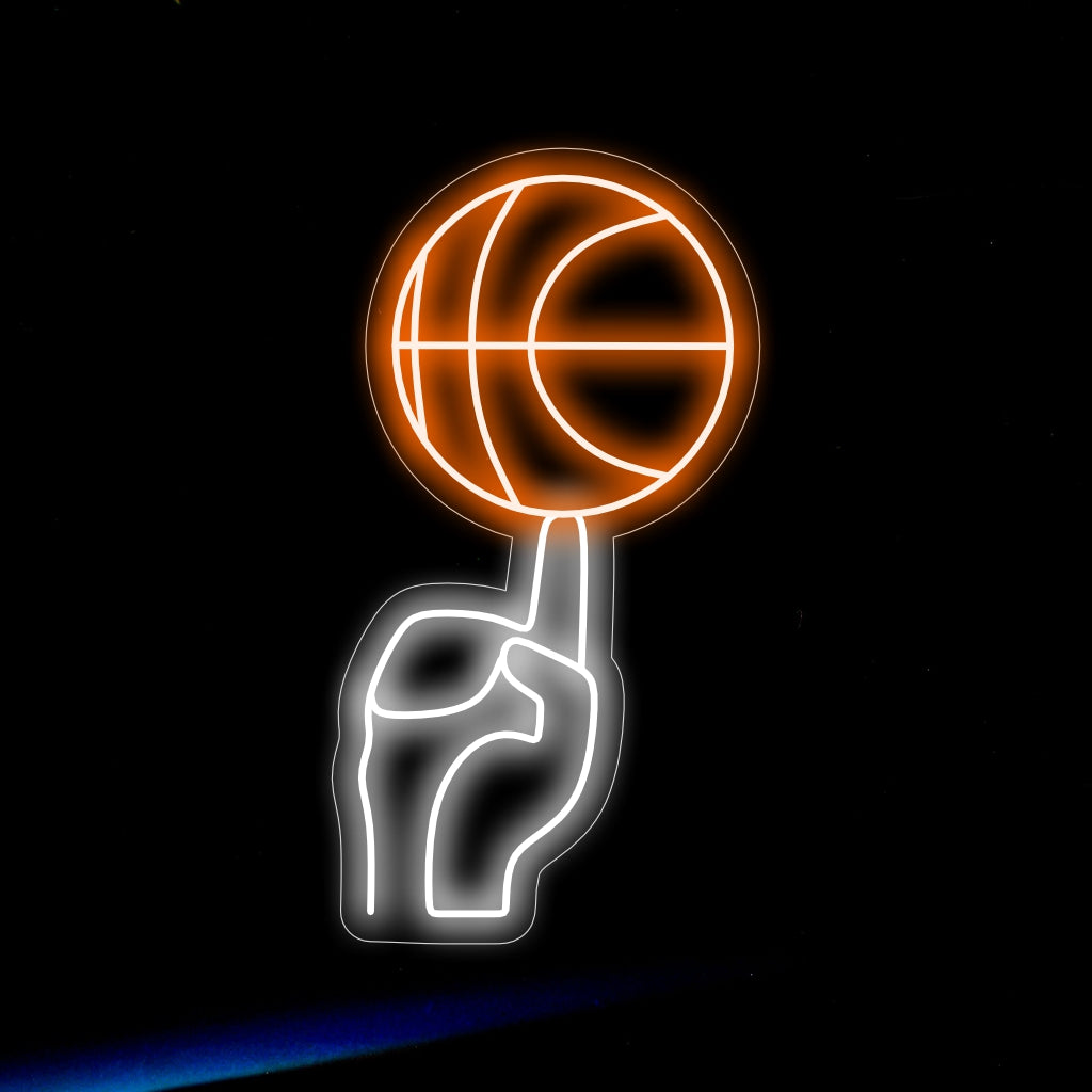 "Placa de neon de basquete girando no dedo" - Uma luz neon dinâmica com a cena impressionante de uma bola de basquete girando em um dedo, trazendo emoção e espírito esportivo à sua decoração com tema de basquete.