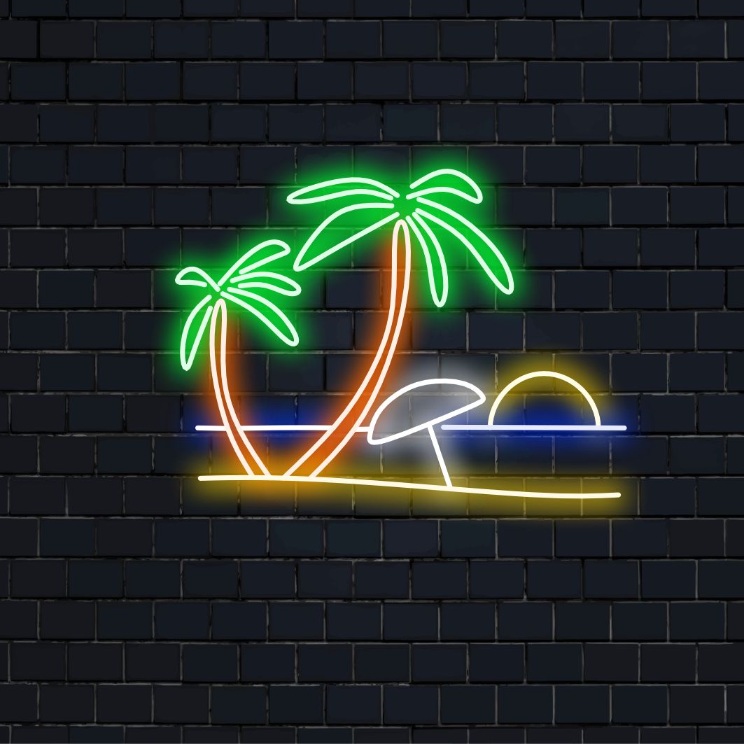 "Placa de neon com praia e palmeiras" - Uma luz neon tropical com símbolos de praia e palmeiras, trazendo charme litorâneo e relaxamento ao seu espaço de convivência.