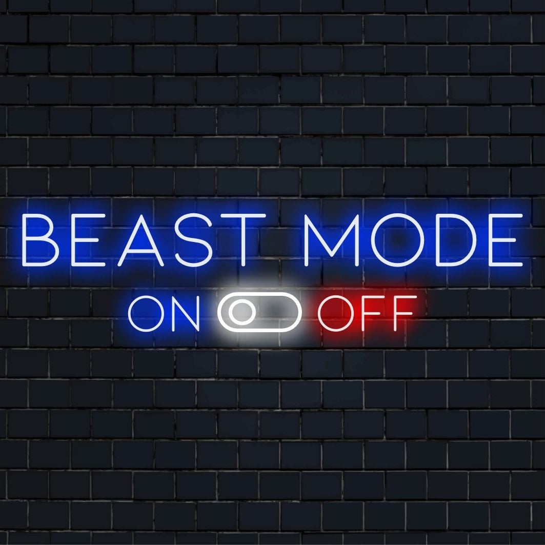 Arte de parede neon com Beast Mode LIGADO em luzes LED vibrantes, perfeita para aquelas vibrações de decoração poderosas e motivacionais.