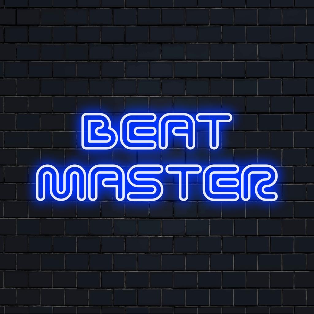 Letreiro de neon LED vibrante exibindo "Beat Master", perfeito como decoração de neon exclusiva, combina arte e estilo perfeitamente.