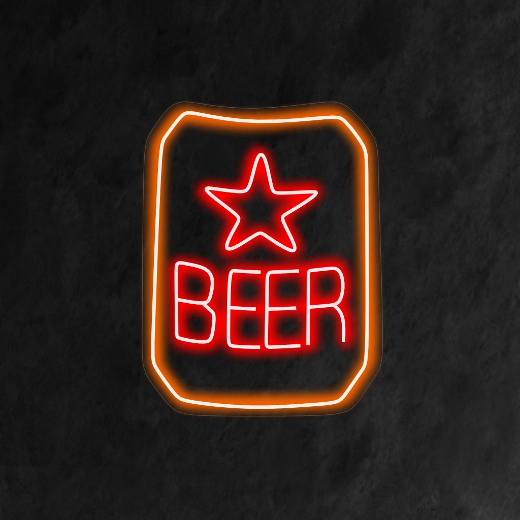 "Marca de Cerveja com Letreiro Neon de Estrela" é um complemento elegante e marcante para o interior do seu bar. Uma luz neon que destaca uma marca de cerveja popular com uma estrela.