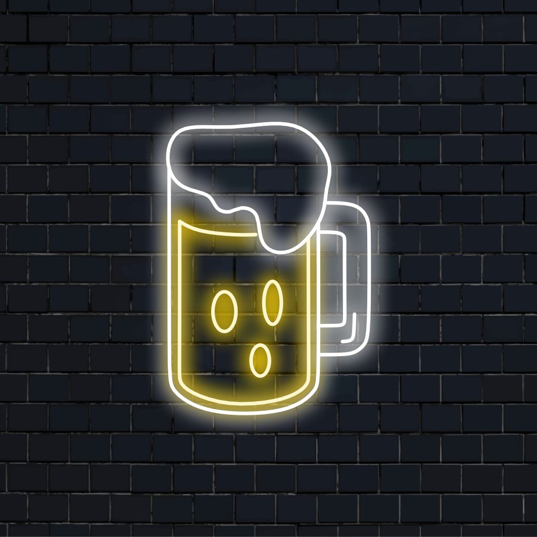 "Cerveja em Caneca de Vidro com Letreiro Neon de Espuma" é uma adição clássica e convidativa ao interior do seu bar. Uma luz neon que celebra a alegria da cerveja.