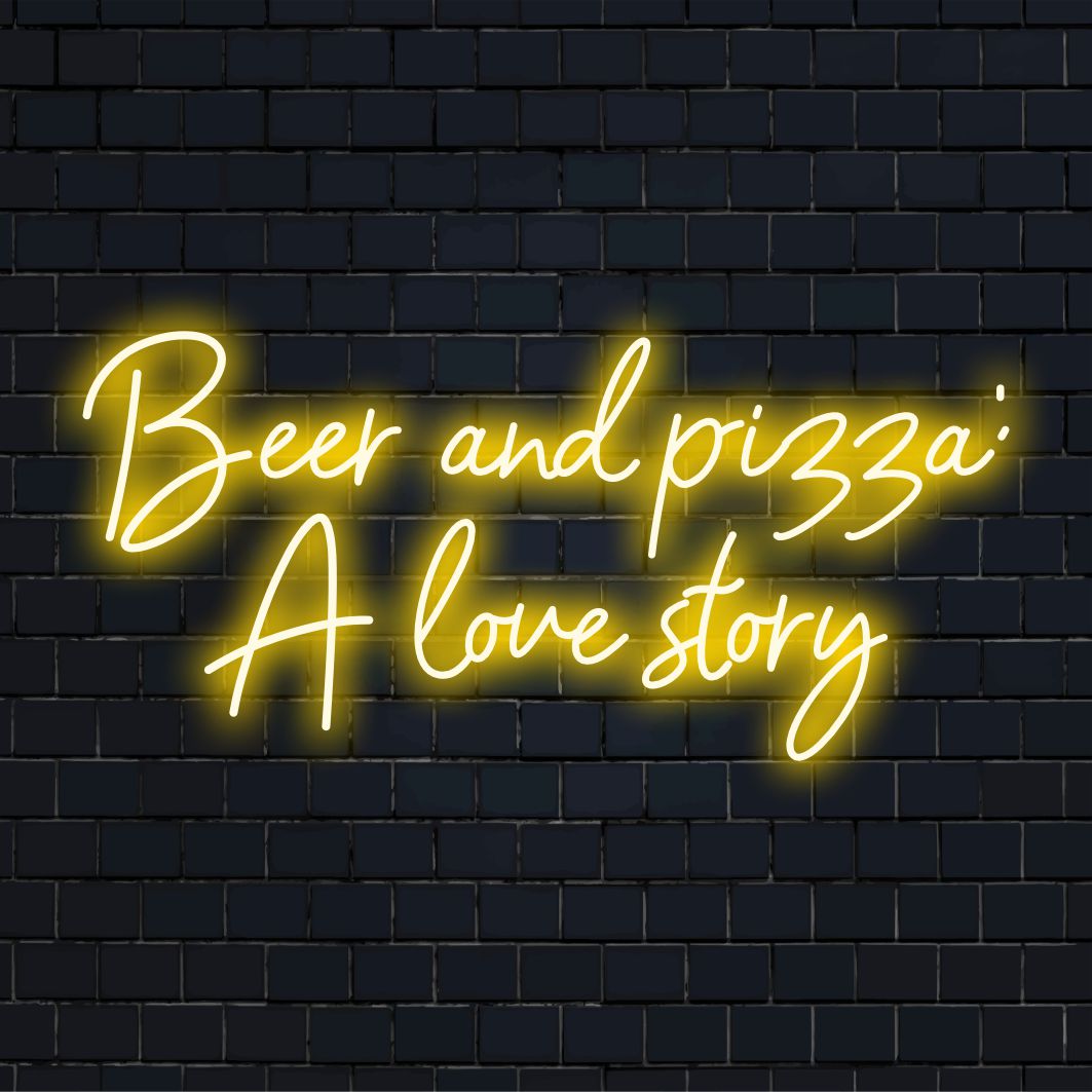 Placa de neon LED personalizada com design brilhante "Beer And Pizza A Love Story" para decoração de parede personalizada com arte neon.