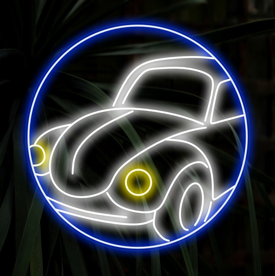 "Placa de Neon de Fusca" captura a essência da decoração automotiva vintage com uma representação charmosa de um Fusca dentro de uma moldura circular. Ilumine seu ambiente com um toque retrô usando esta luz neon exclusiva.