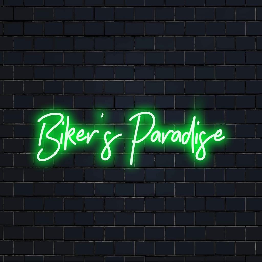 Placa de LED neon personalizada Biker's Paradise, decoração iluminada marcante, perfeita para qualquer espaço; um toque único para entusiastas de motocicletas.