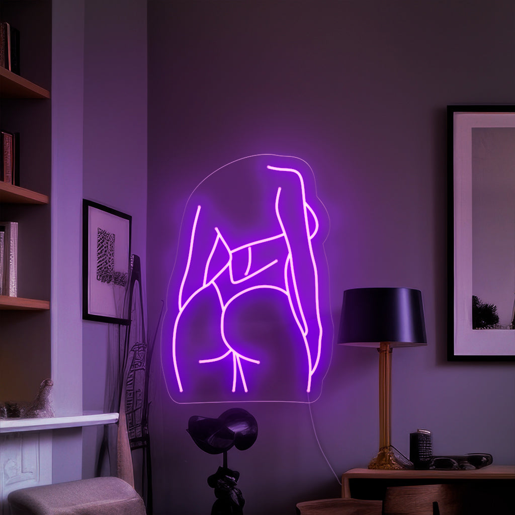 "Placa de neon com costas de uma garota de biquíni" - Uma luz neon sensual com a silhueta das costas de uma garota de biquíni, trazendo charme e sedução ao seu ambiente.