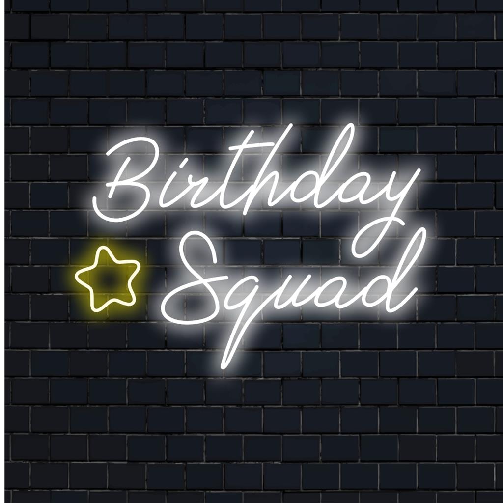Placa de neon do Birthday Squad: design de LED personalizado com arte de texto vibrante, perfeita para decoração e comemorações com luzes de neon.