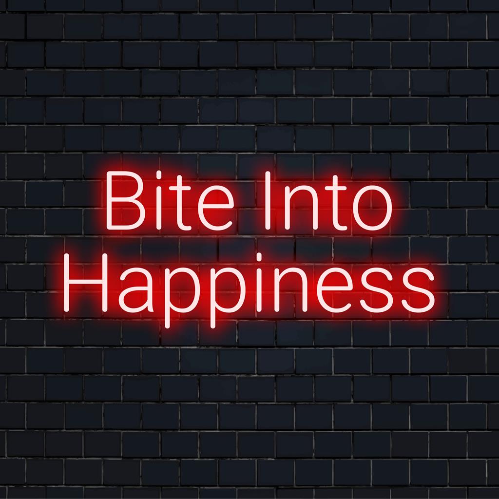 Placa de LED neon personalizada: Bite Into Happiness, decoração neon vibrante que cria um ambiente alegre em qualquer espaço.