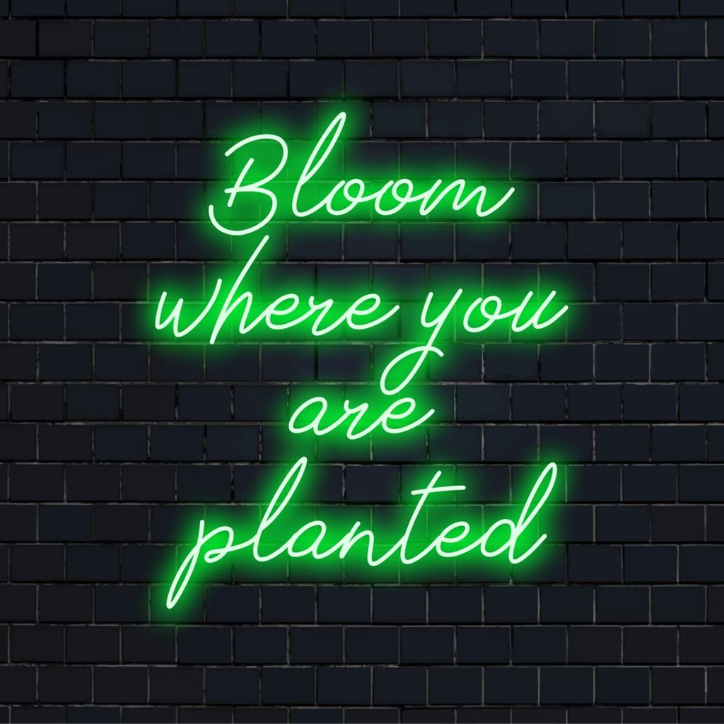 Placa de LED neon "Floresça vibrante onde você for plantado"; mistura perfeita de texto e gráfico, arte neon brilhante para qualquer espaço.