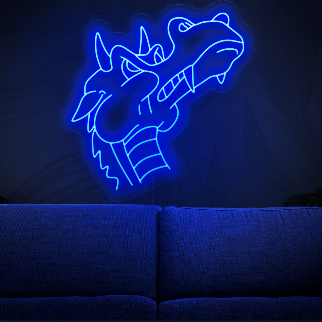 "Placa de neon de dragão azul" - Uma luz de neon mística com a silhueta de um majestoso dragão azul, trazendo encantamento e fantasia ao seu espaço de vida.