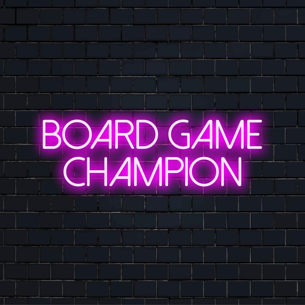 Placa de neon LED com o campeão do jogo de tabuleiro iluminado em cores vibrantes; decoração personalizada perfeita para entusiastas de jogos.