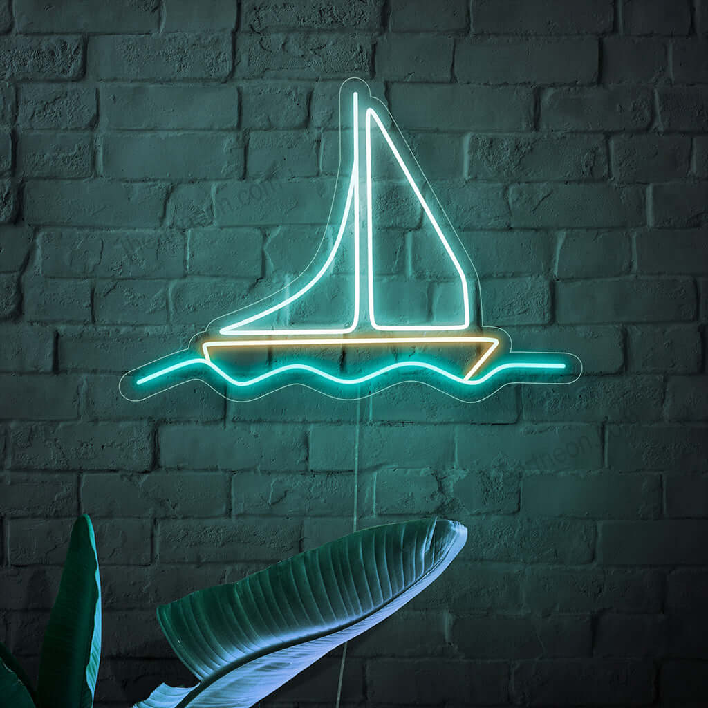 "Placa de neon de barco" - Uma luz de neon náutica com o símbolo icônico de um barco, trazendo charme marítimo e uma sensação de aventura ao seu espaço de convivência.
