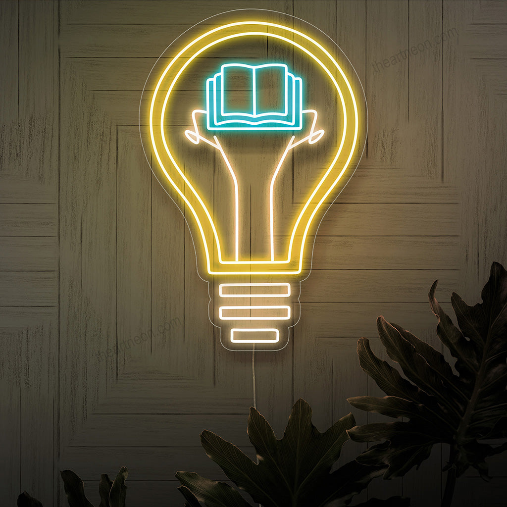 "Placa de neon em forma de lâmpada de livro" - Uma luz de neon intelectual que combina um livro e uma lâmpada, trazendo inspiração e amor pela literatura para seu cantinho de leitura ou biblioteca.