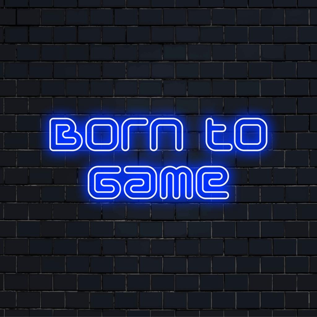 Placa de neon LED personalizada com texto "Born To Game", perfeita para salas de jogos ou áreas de entretenimento. Decoração artística com citações em neon.