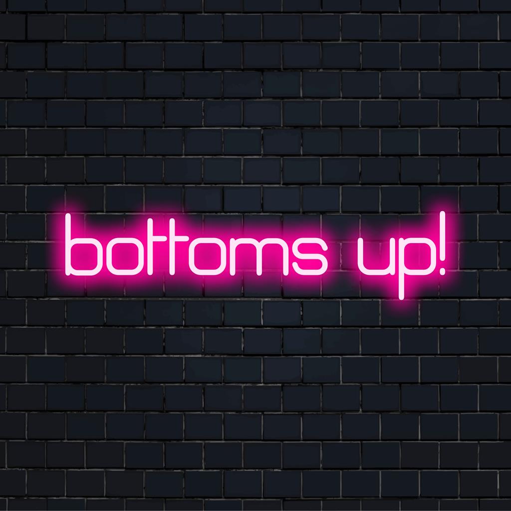 Letreiro de neon "Bright Bottoms Up!"; perfeito para dar um toque animado à decoração do bar. Neon de LED personalizado para um clima festivo.