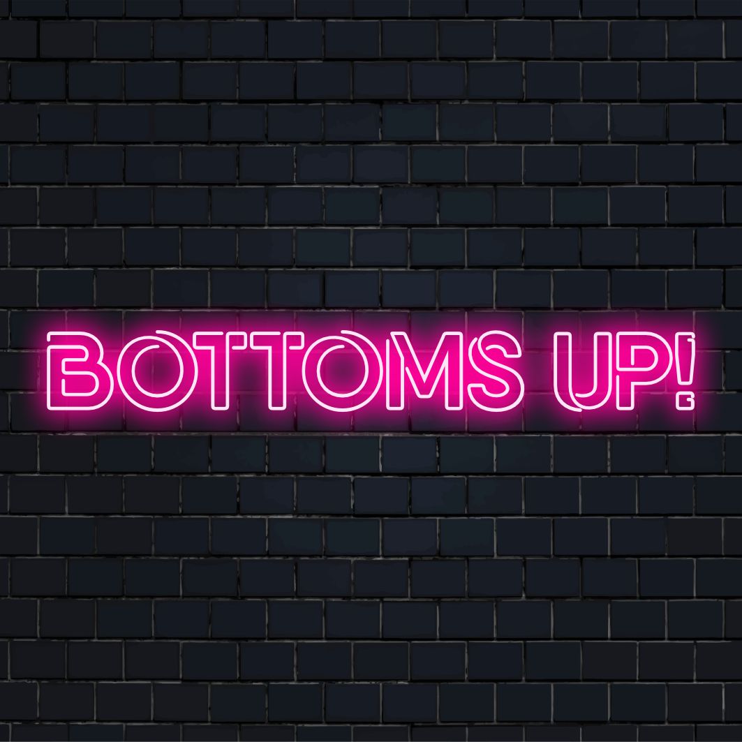 Letreiro de neon vibrante Bottoms Up!, um recurso de LED lúdico e energético, perfeito para bares ou espaços para festas. Decoração personalizada com luzes neon.