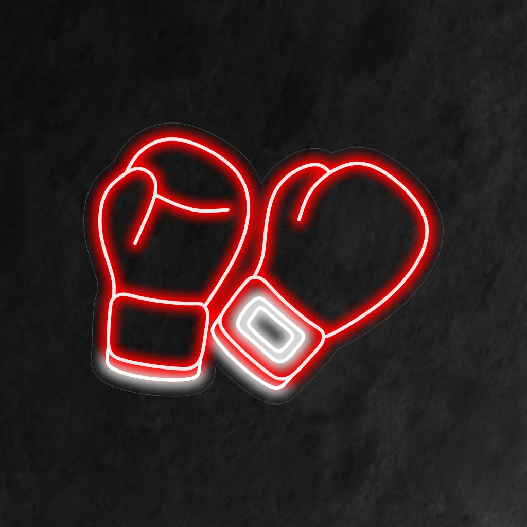 "Placa de neon com luvas de boxe" - Uma luz neon ousada com os símbolos icônicos das luvas de boxe, trazendo atletismo e intensidade para sua academia de boxe ou decoração com tema esportivo.