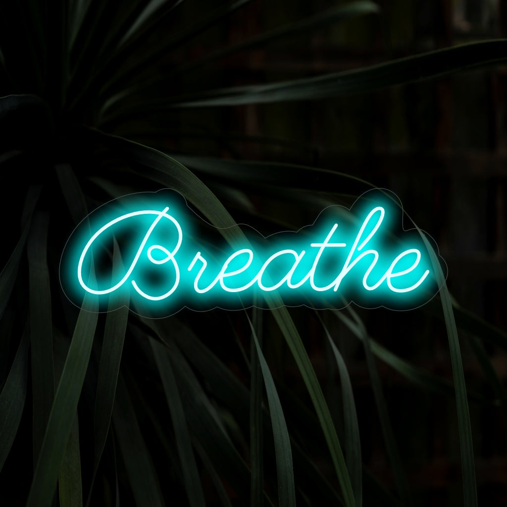 "Placa de neon Breathe" - Uma luz neon calmante que lembra você a respirar, trazendo uma atmosfera de tranquilidade e atenção plena ao seu espaço de meditação ou relaxamento.