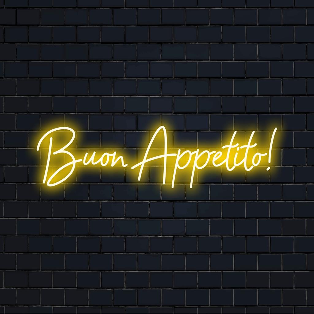 O vibrante letreiro de LED neon "Buon Appetito!" ilumina qualquer espaço, oferecendo um ambiente acolhedor e convidativo com arte de neon personalizada.