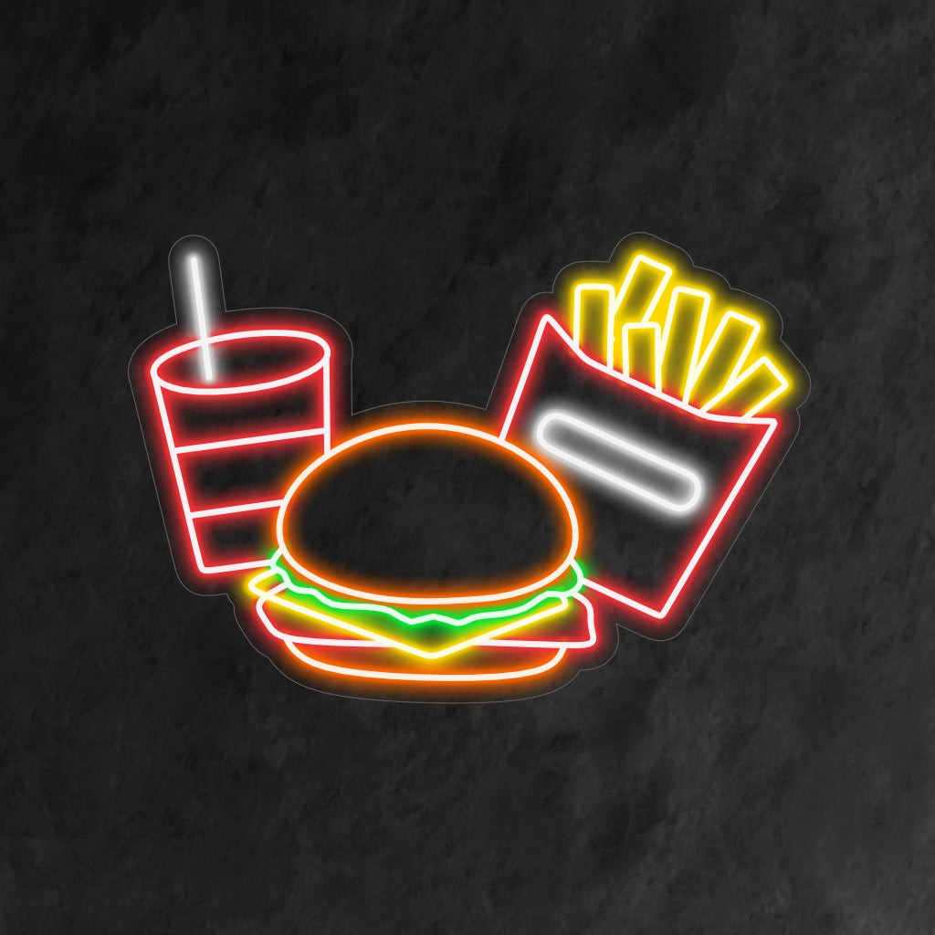 "Placa de neon com hambúrguer, batata frita e bebida" - Uma luz neon de dar água na boca com os símbolos icônicos de um hambúrguer, batata frita e uma bebida, trazendo uma atmosfera de delícias e amor pelos clássicos favoritos do fast-food ao seu restaurante ou espaço de fast-food.