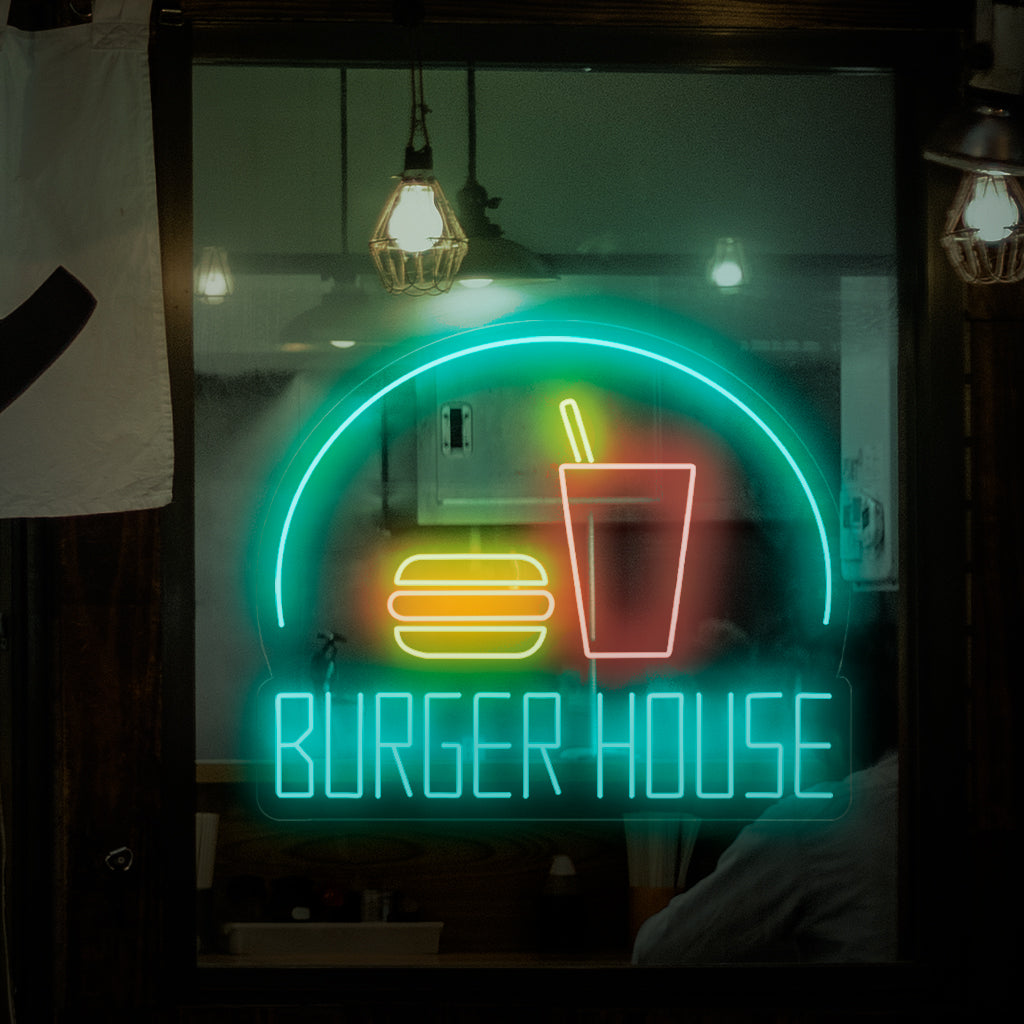 "Placa de neon da Burger House" - Uma luz neon vibrante com as palavras "Burger House", trazendo energia e amor por hambúrgueres deliciosos para sua hamburgueria ou restaurante.
