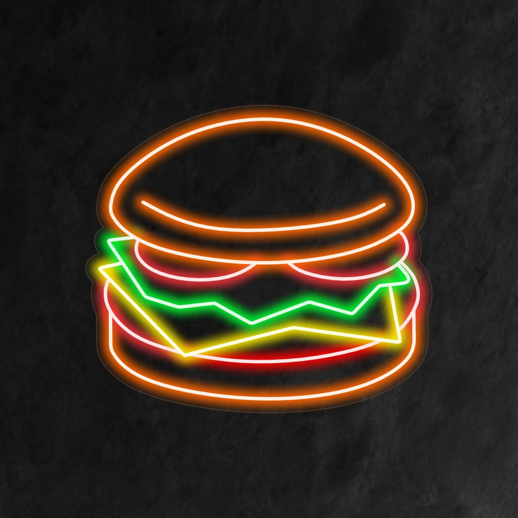 "Burger Neon Sign" ilumina seu ambiente com uma representação neon de dar água na boca de um hambúrguer clássico. Perfeito para adicionar um toque de charme retrô à sua cozinha ou restaurante.