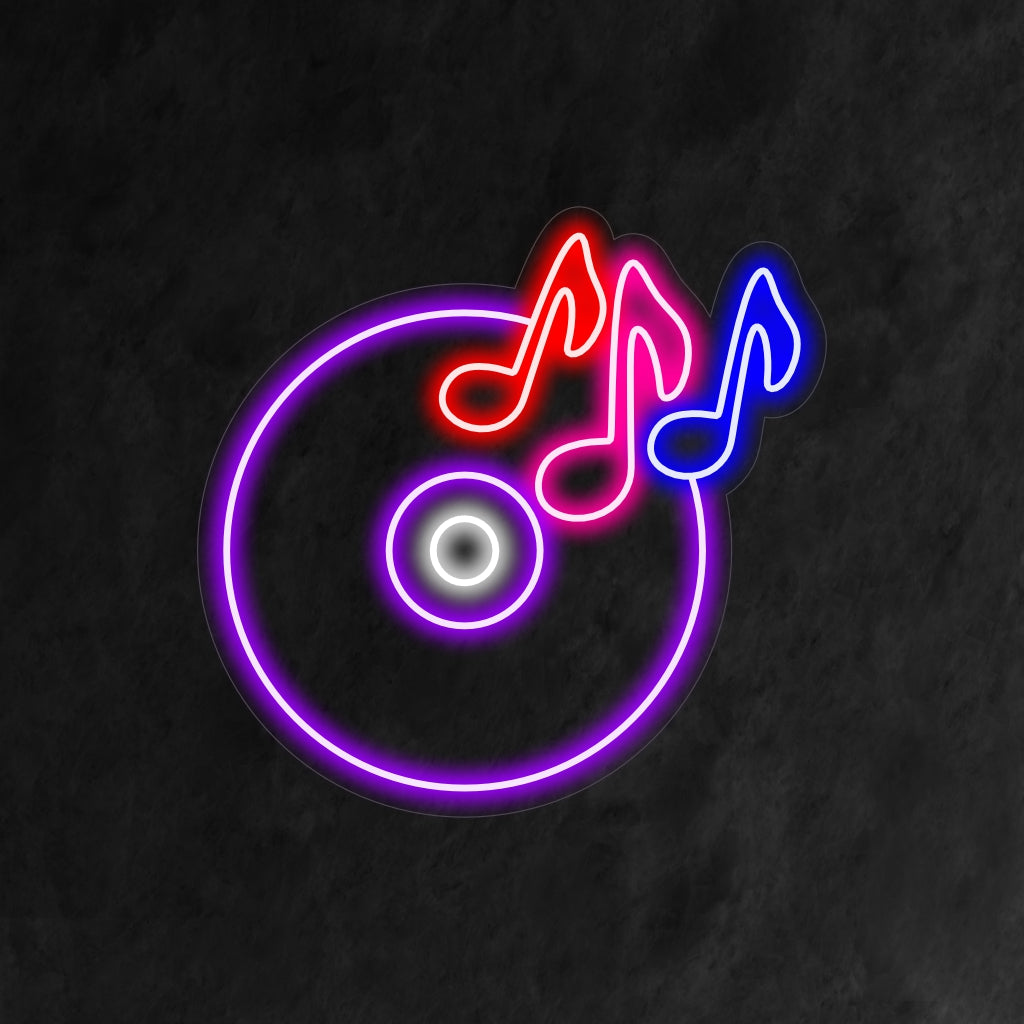 "Placa de neon com CD e notas musicais" é uma adição musical e vibrante ao seu interior com tema musical. Uma luz neon que homenageia a era atemporal do CD.