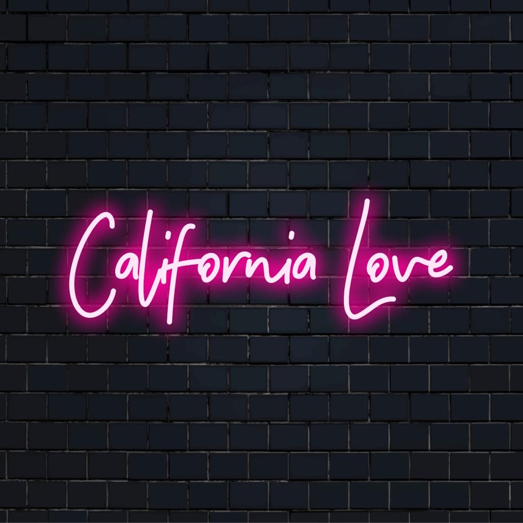 Placa de neon LED personalizada com o texto California Love, ideal para arte neon personalizada e decoração de parede exclusiva.