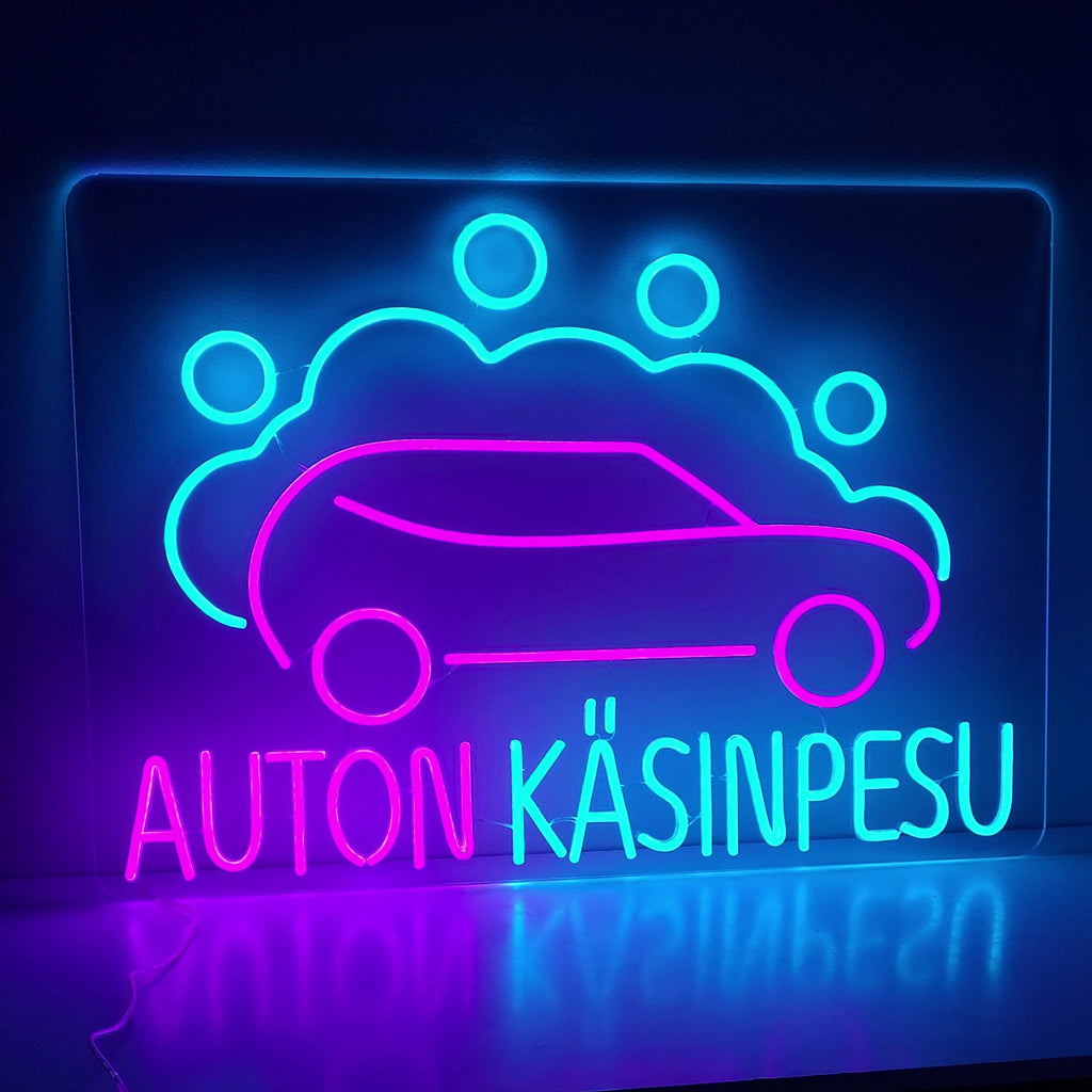 "Placa de neon para lava-rápido" - Uma luz neon vibrante com as palavras "Lava-rápido", criando uma atmosfera convidativa e dinâmica para o seu negócio de lavagem de carros.