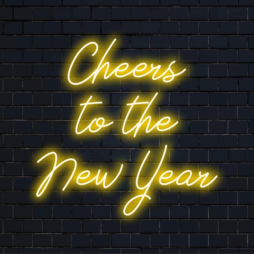Design neon colorido "Cheers To The New Year!". Arte LED perfeita para decoração festiva, adicionando um toque vibrante de celebração.