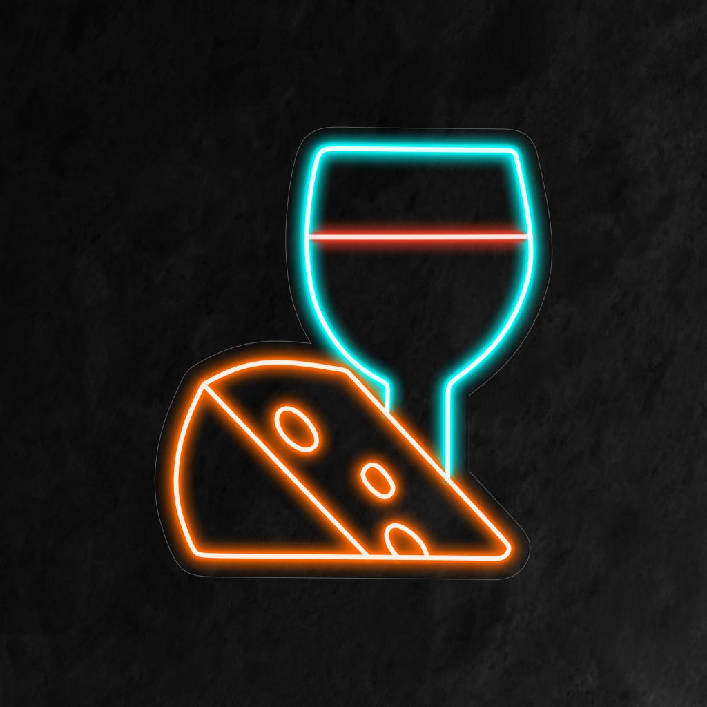 "Placa de neon de queijo com vinho" ��� Uma luz neon elegante e sofisticada que exibe a deliciosa combinação de queijo e vinho, adicionando aconchego e charme à sua cozinha ou sala de jantar.