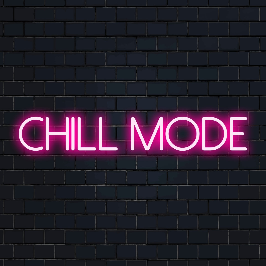 Placa de LED neon Chill Mode com letras cursivas rosa, ideal para decoração de parede neon ou iluminação personalizada para espaços de relaxamento.