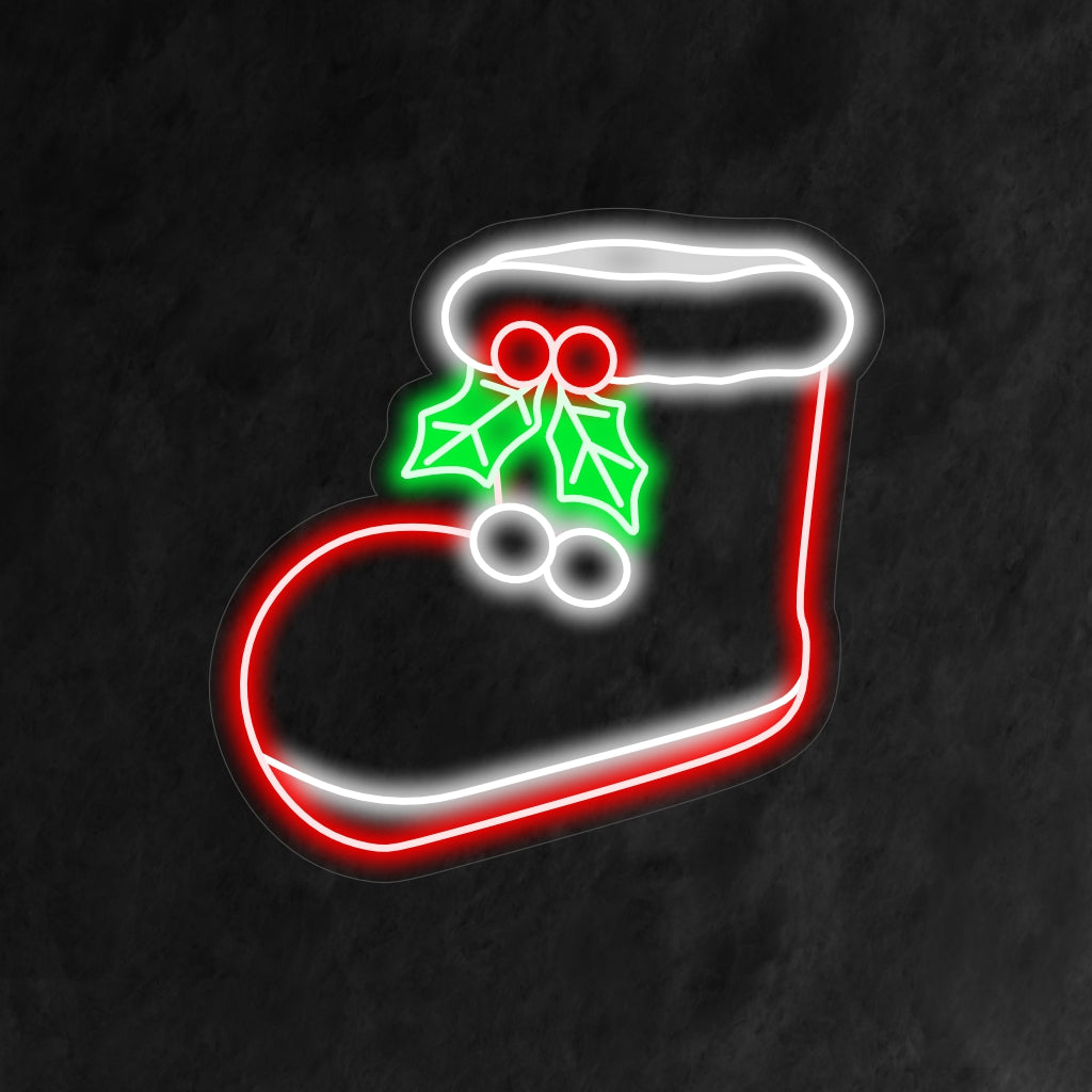 "Placa de neon com bota de Natal" é uma adição festiva e sazonal ao seu interior. Uma luz neon que traz o espírito natalino com uma bota de Natal charmosa.